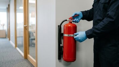 Красный огнетушитель на настенном кронштейне у выхода