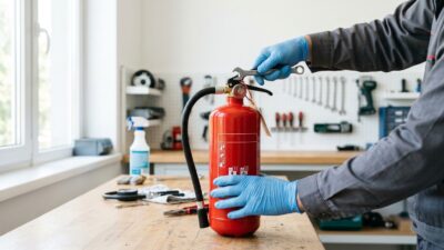 Мастер в перчатках обслуживает красный огнетушитель на чистом верстаке в мастерской